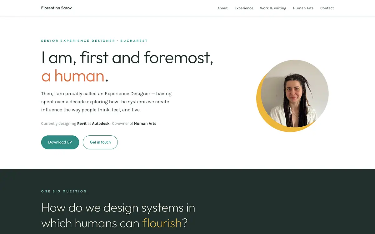 Florentina Sarov personal site with a large headline and a round portrait