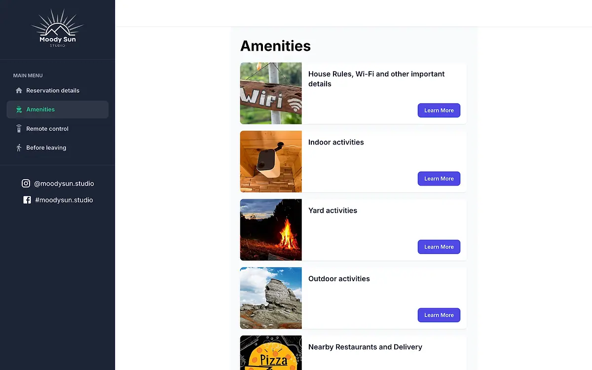 The amenities guide with illustrated house cards